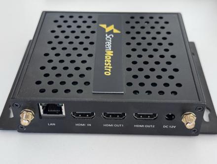 Screen Maestro Box ports: LAN, HDMI IN, HDMI OUT1, DC 12V